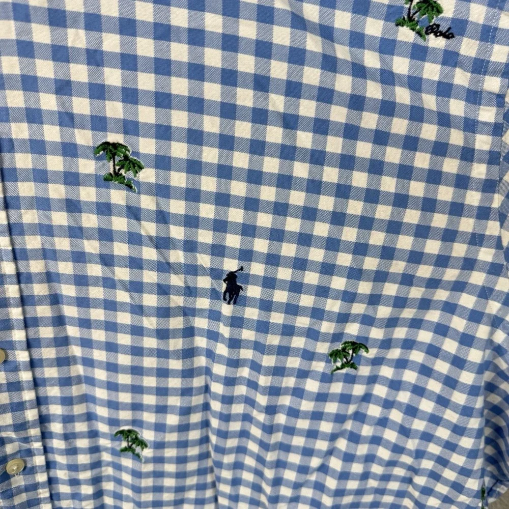 Polo Ralph Lauren Palm Tree Button Down Shirt Mens 3XB Blue Gingham Beach Casual